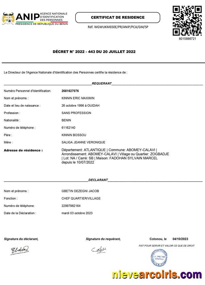 Benin ANIP Agence Nationale d'Identification des Personnes residence